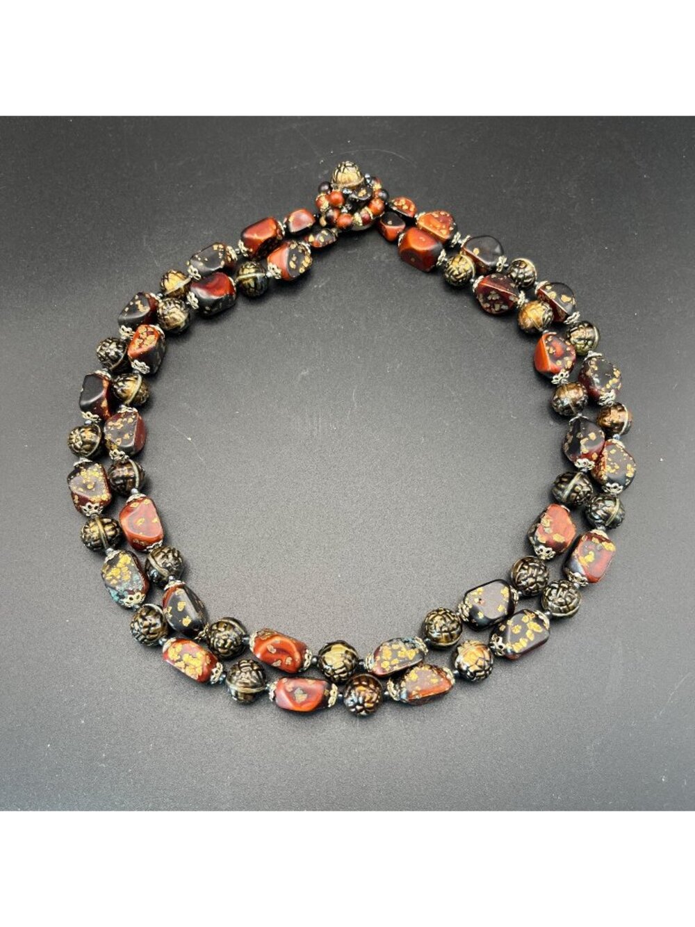 Vintage Two-Strand Necklace Brown & Gold Resin Beads Made In Japan